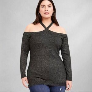 Torrid Women’s Sweater 1X Black Metallic Cold Shoulder Crisscross  Party New 20